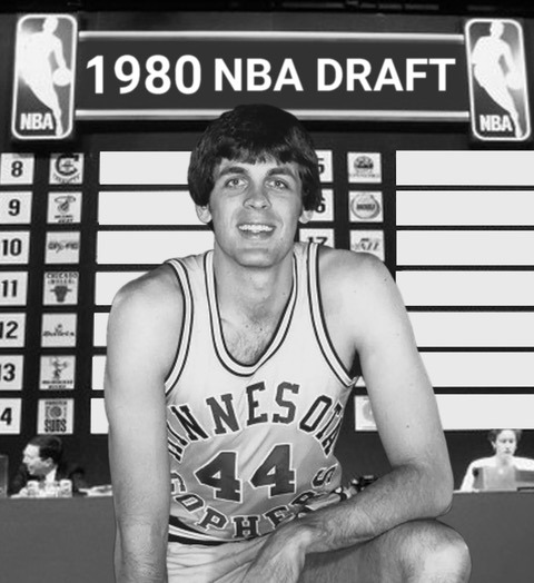 Kevin McHale kneeling in front of 1980 NBA draft board