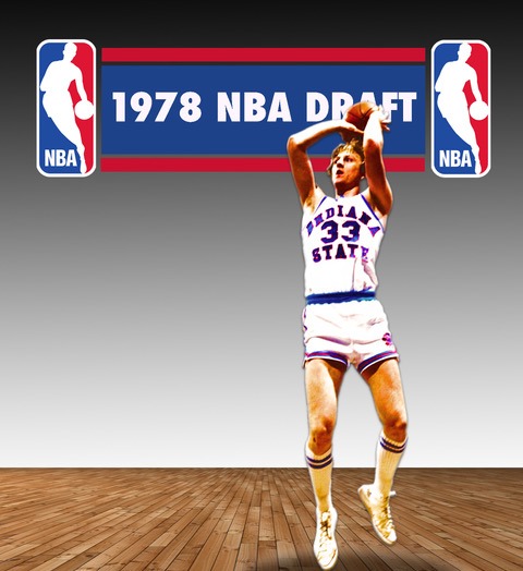 Image of Larry Bird Shooting in front of a 1978 NBA Draft banner