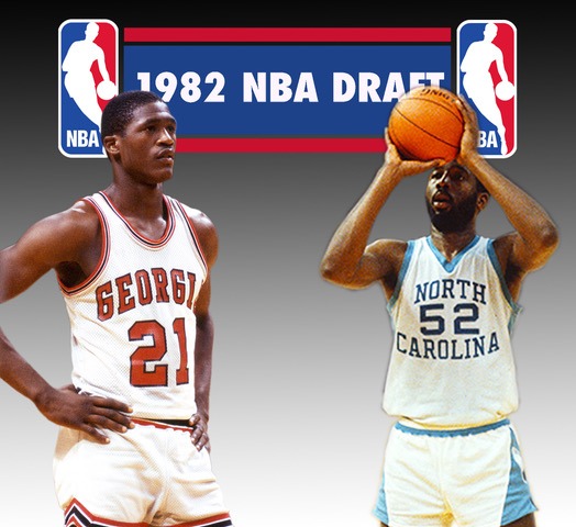Image of Dominique Wilkins and James Worthy positioned in front of a 1982 NBA Draft Banner