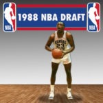 Mitch Richmond holding a basketball in front of a 1988 NBA Draft banner