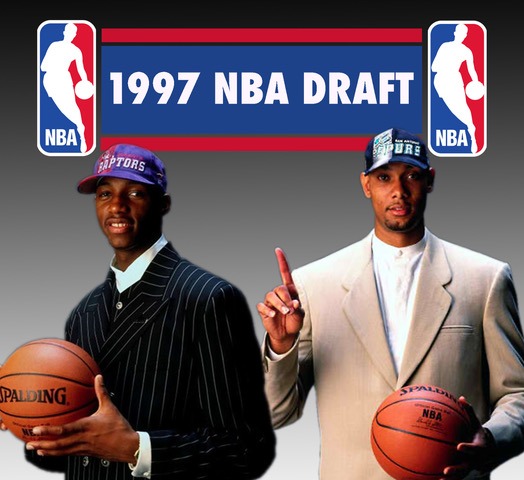 Article feature image of Tim Duncan and Tracy McGrady positioned in front of a 1997 NBA Draft banner