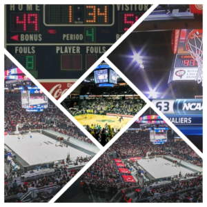 Basketball scoreboards showing the quarters in a basketball game