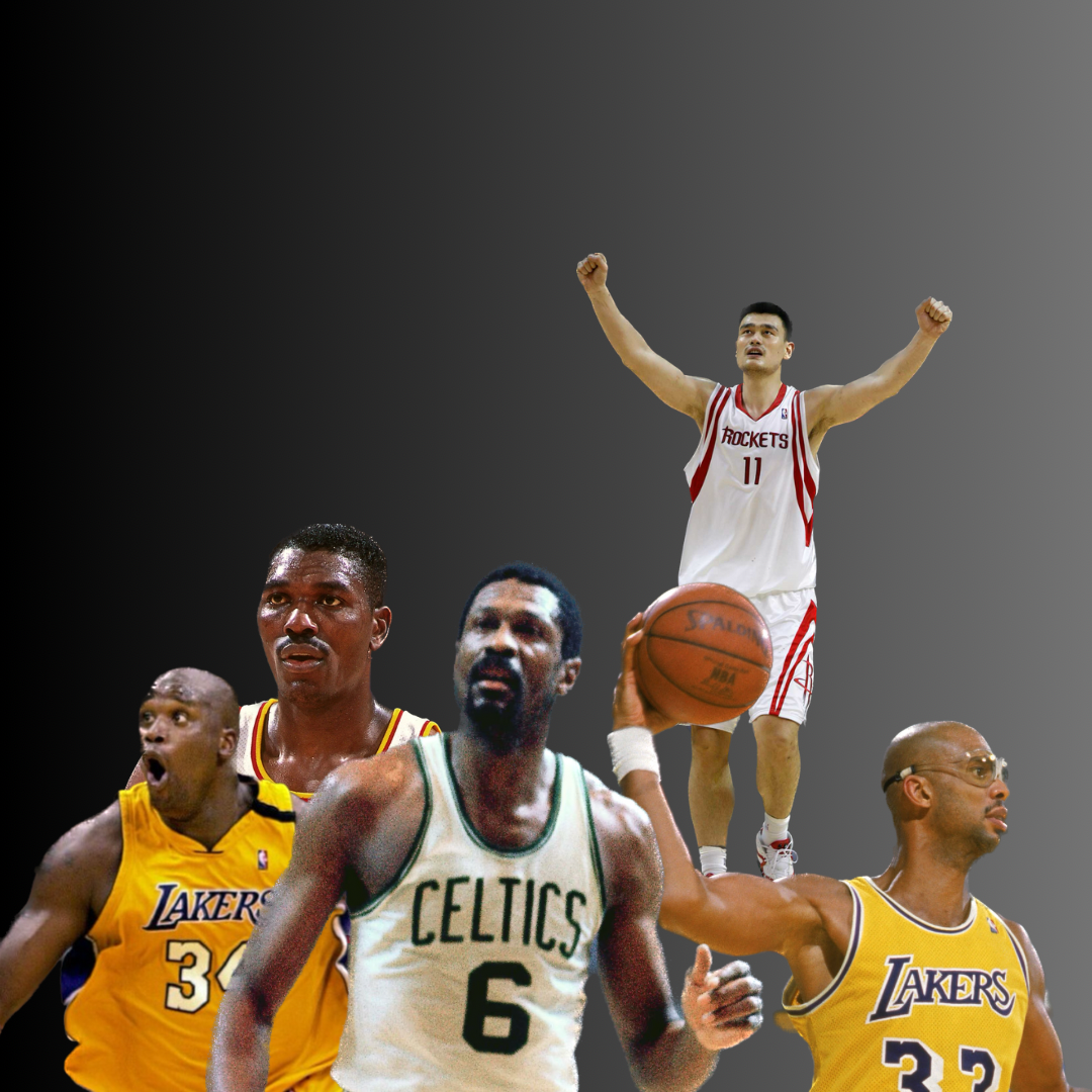Kareem Abdul Jabbar, Bill Russell, Shaquille O'neal, Hakeem Olajuwon and Yao Ming are amongst the greatest and tallest NBA players in history.